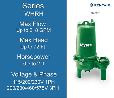  Myers Sewage Pumps, WHRH Series, 0.5 to 2.0 Horsepower, 115/200/230 Volts 1 Phase, 200/230/460/575 Volts 3 Phase
